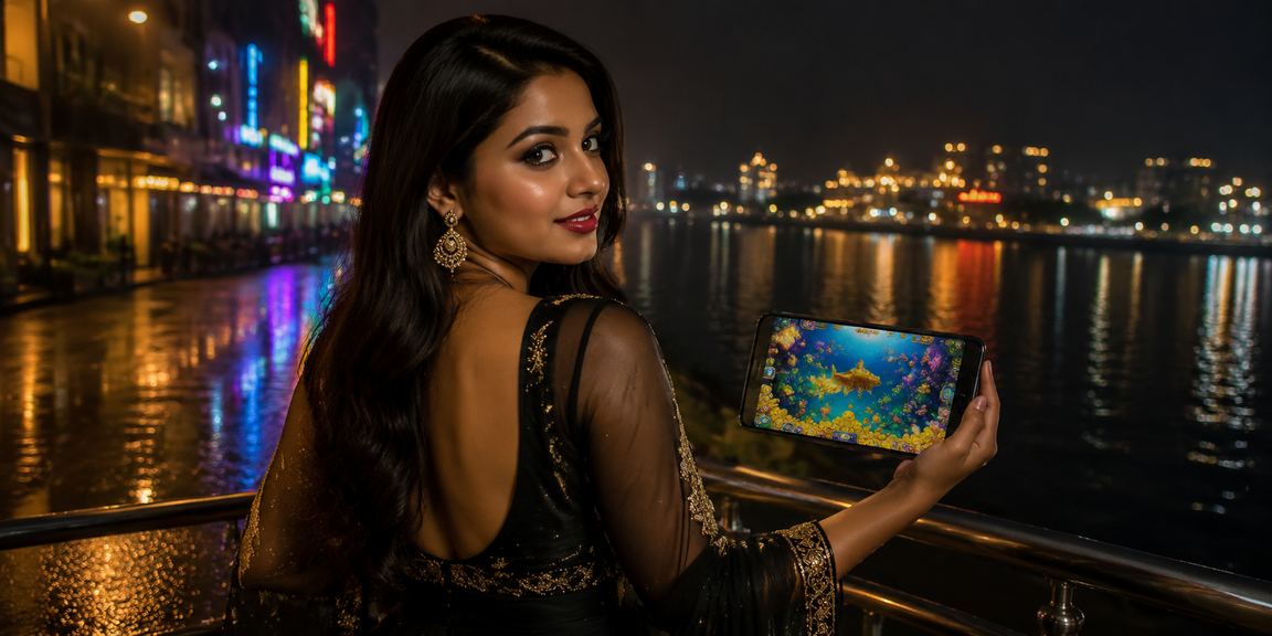 বাংলাদেশে নিয়ন আলোয় it2171 ফিশিং গেম খেলছেন একজন তরুণ গেমার